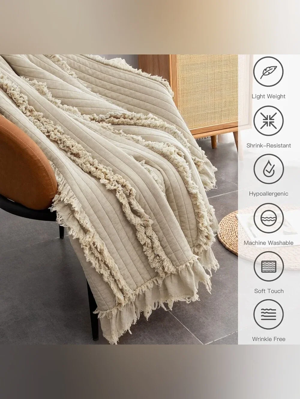 Textured Fringed Quilted Throw Blanket in Cream
